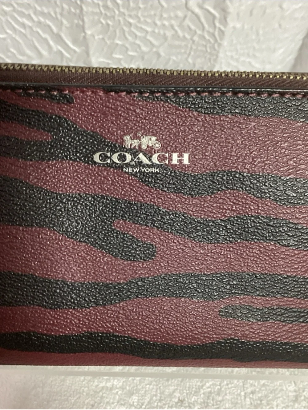 COACH Oxblood Zebra Striped Coated Canvas Zip Cosmetic Bag Pouch
